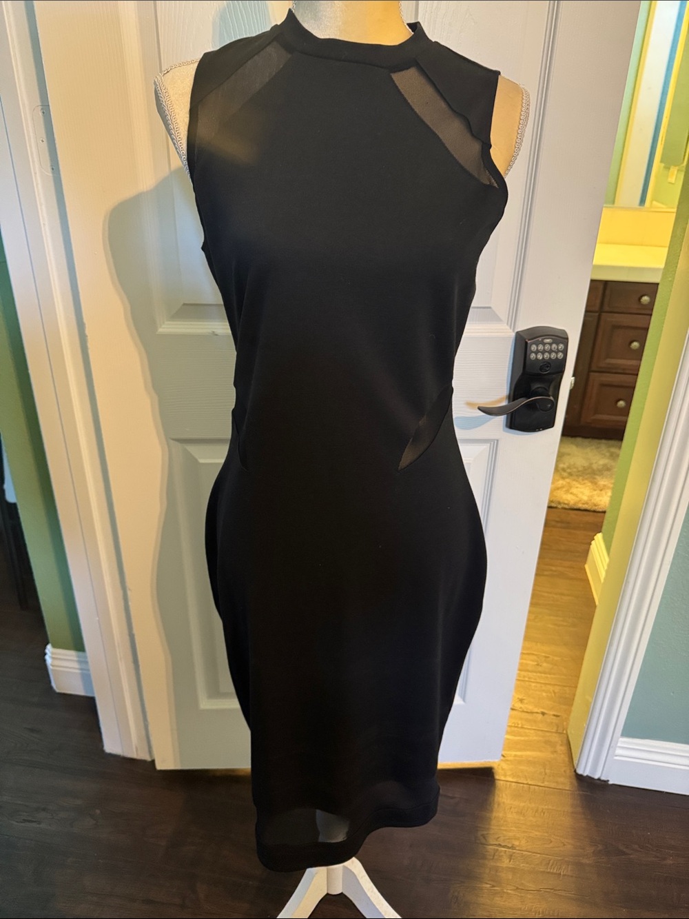 Material Girl Black Sleeveless Sheath Dress with Mesh Insets